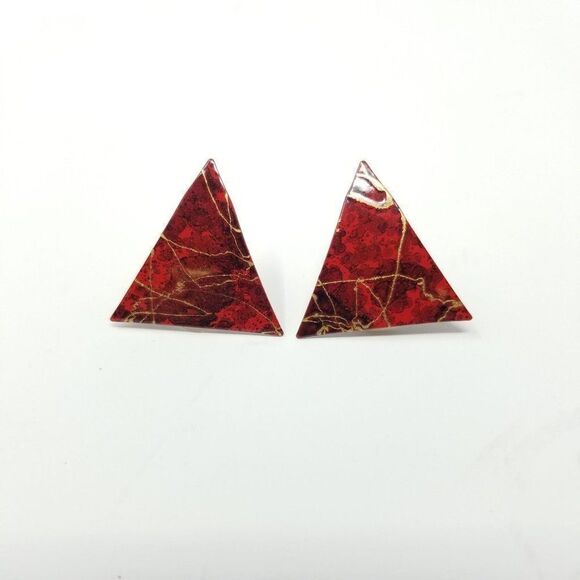 Vintage Red Enamel Triangle Post Earrings, Retro 80s Splatter Design Studs - Picture 1 of 5
